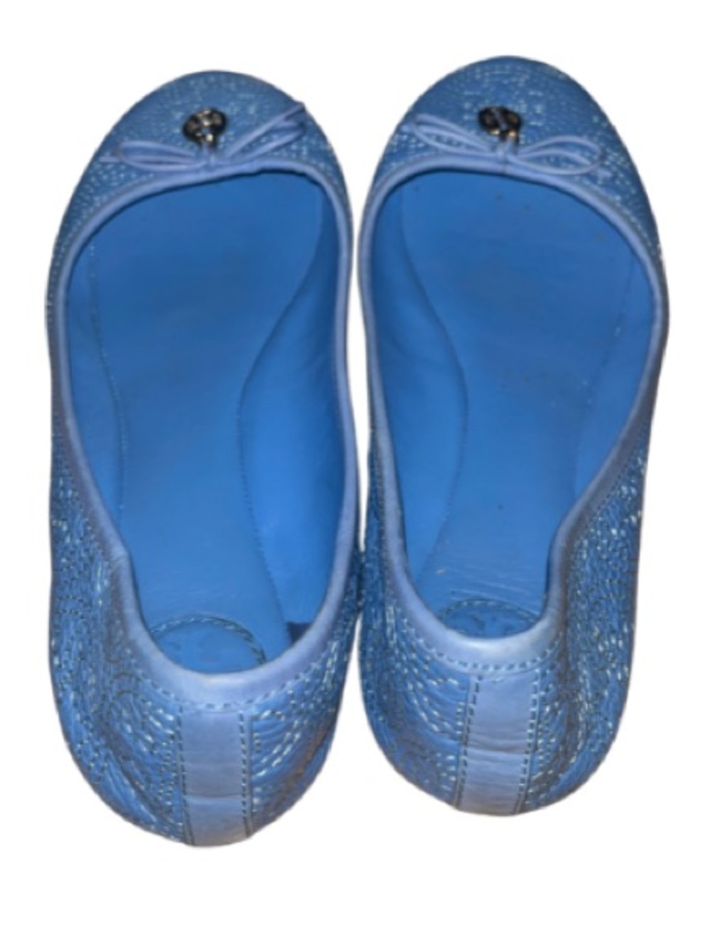 Tory Burch Chelsea Ballet Flats Ocean Blue Pebbled Leather Bow Logo Charm 7.5M - Picture 5 of 8